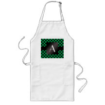 Monogram green and black checkers aprons