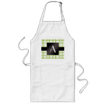 Monogram green and white plaid pattern aprons