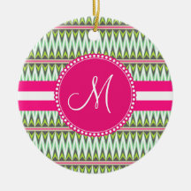 Monogram Hot Pink Green Aztec Andes Tribal Zig Zag Christmas Tree Ornament