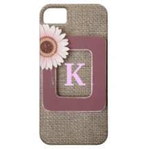 Monogram in Frame Pink Flower on Burlap iPhone 5 iPhone 5 Case