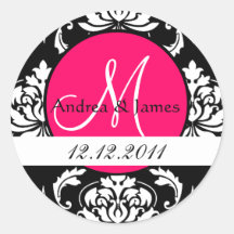 Monogram Initial Damask Hot Pink Wedding Seal Round Sticker