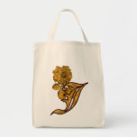 Monogram Initial J Gold Peony Tote Bag
