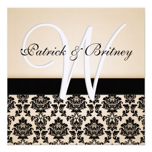 Monogram Ivory  & Black Damask Wedding Invitations