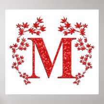 Monogram Letter M Red Leaves Posters