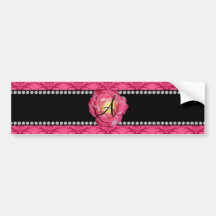 Monogram pink damask pink rose bumper stickers