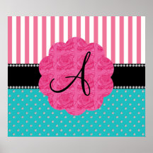 Monogram pink stripes turquoise diamonds poster