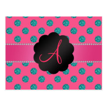 Monogram Pink turquoise glitter polka dots Post Cards