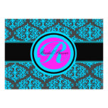 Monogram R Blue Damask Bridal Shower Invitation