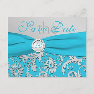 Monogram Turquoise and Silver Save the Date Card Post Cards by NiteOwlStudio