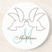 Monogram Wedding Doves Coaster Brown Blue