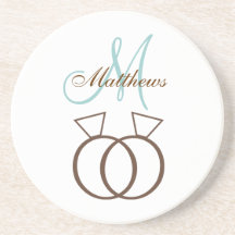 Monogram Wedding Rings Coasters Brown Blue