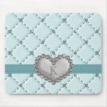 Monogrammed Aqua Faux Quilted Rhinestone Heart Mou Mousemat