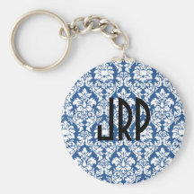 Monogrammed Blue Damask Key Chains