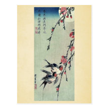 Moon,swallows and peach blossoms by Ando,Hiroshige Post Cards
