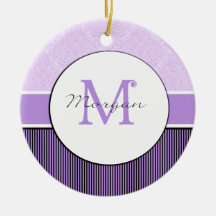 Morgan purple damask and stripe  initial monogram christmas tree ornament