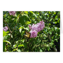 Mother's June Birthday-butterfly on lilac  bush Cards