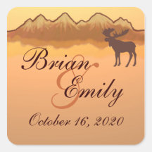 Mountain reflections brown moose wedding labels stickers