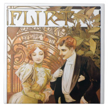 Mucha Flirt Art Nouveau Art Tile Trivet Gift Box
