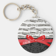 Music notes and faux red ribbon keychain