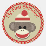 My first birthday sock monkey round sticker