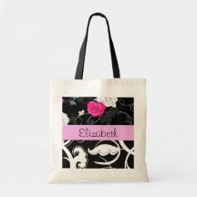 Names Initials Monograms Flowers Black White Pink Tote Bag