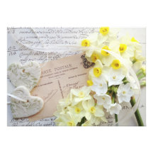 narcissus, hearts with script wedding invitation