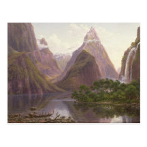 Native figures in a canoe at Milford Sound Post Cards