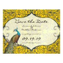 Navy and Mustard Peacock Love Bird Save the Date Announcement