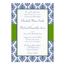 Navy Blue and Green Damask Wedding Invitations