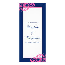 Navy Blue and Pink Flourish Swirls Wedding Program Custom Rack Cards