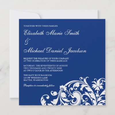 Blue and White Wedding Invitations A classy navy blue and white flourish 