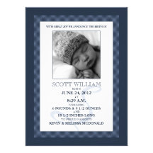 Navy Blue Gingham Dreams Photo Birth Announcements