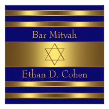 Navy Blue Gold Star of David Bar Mitzvah Personalised Invitation