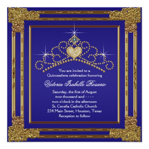 Navy Blue Gold Tiara Sweet 15 Quinceanera Custom Invitations