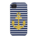 Navy Blue Stripes Bevelled Look Gold Anchor iPhone 4 Case