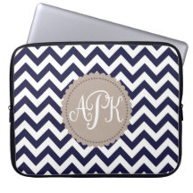 Navy Blue White Monogram Chevron Pattern Laptop Computer Sleeves