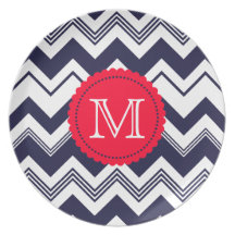 Navy Blue White Monogram Chevron Pattern Plates