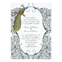 Navy Whimsical Peacock Love Bird Pattern Wedding Personalized Announcement