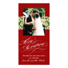 Newlywed Merry Christmas Photo Cards Green Damask