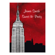 NYC ESB Skyline Silhouette Red Starry BG2 Sweet 16 Custom Invites