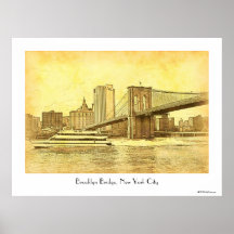 NYC Skyline Brooklyn Bridge Boat Etched Look #1BR Poster