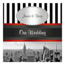 NYC Skyline BW Black White Stripe P Wedding Invite