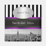 NYC Skyline BW Blk Wht Strp Purple P Save Date Magnets