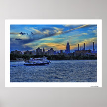 NYC Skyline: ESB, Smokestacks & Boat, Twilight Sky Print
