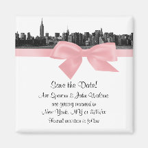 NYC Wide Skyline Etched BW Pink Save the Date Fridge Magnet