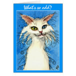 Odd-eyed white cat on blue greeting card