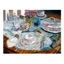 oil painting still life china tea set dinnerware postcard
