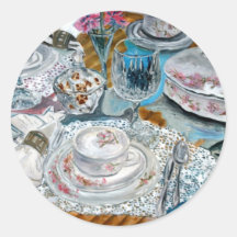 oil painting still life china tea set dinnerware round sticker