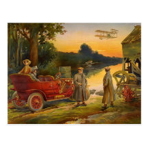 Old Biplane And Touring Car Vintage Scene Postcards