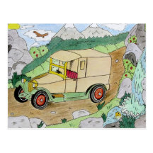 old car in the mountains postcard